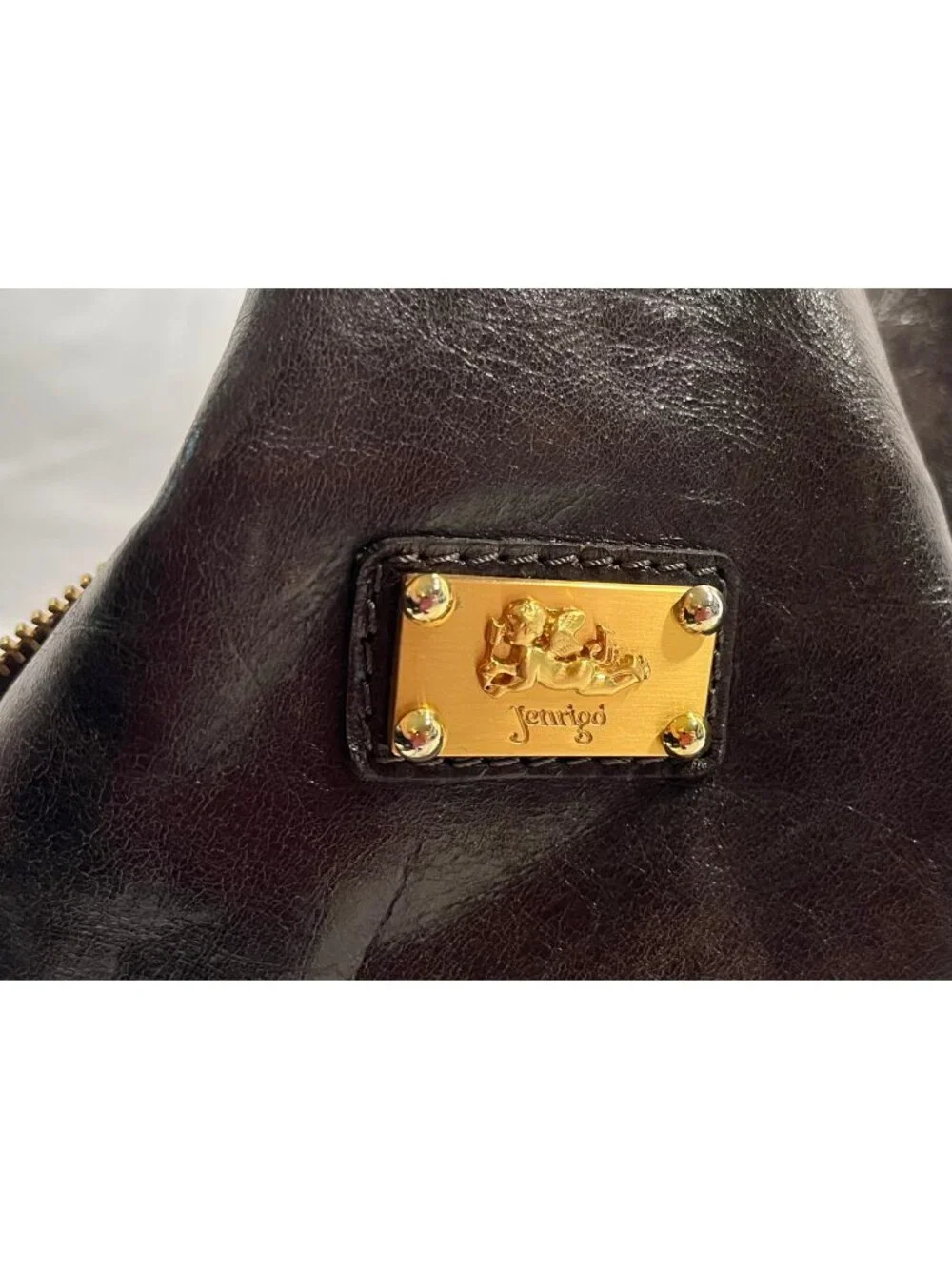 Jenrigo Italian Leather Brown Large Satchel Shoulder Bag Gold Hardware